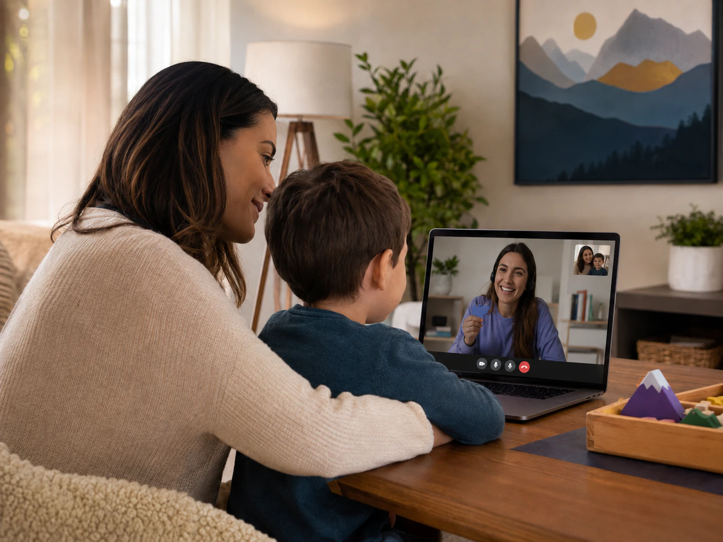 Mother and child participating together in a virtual pediatric speech therapy session