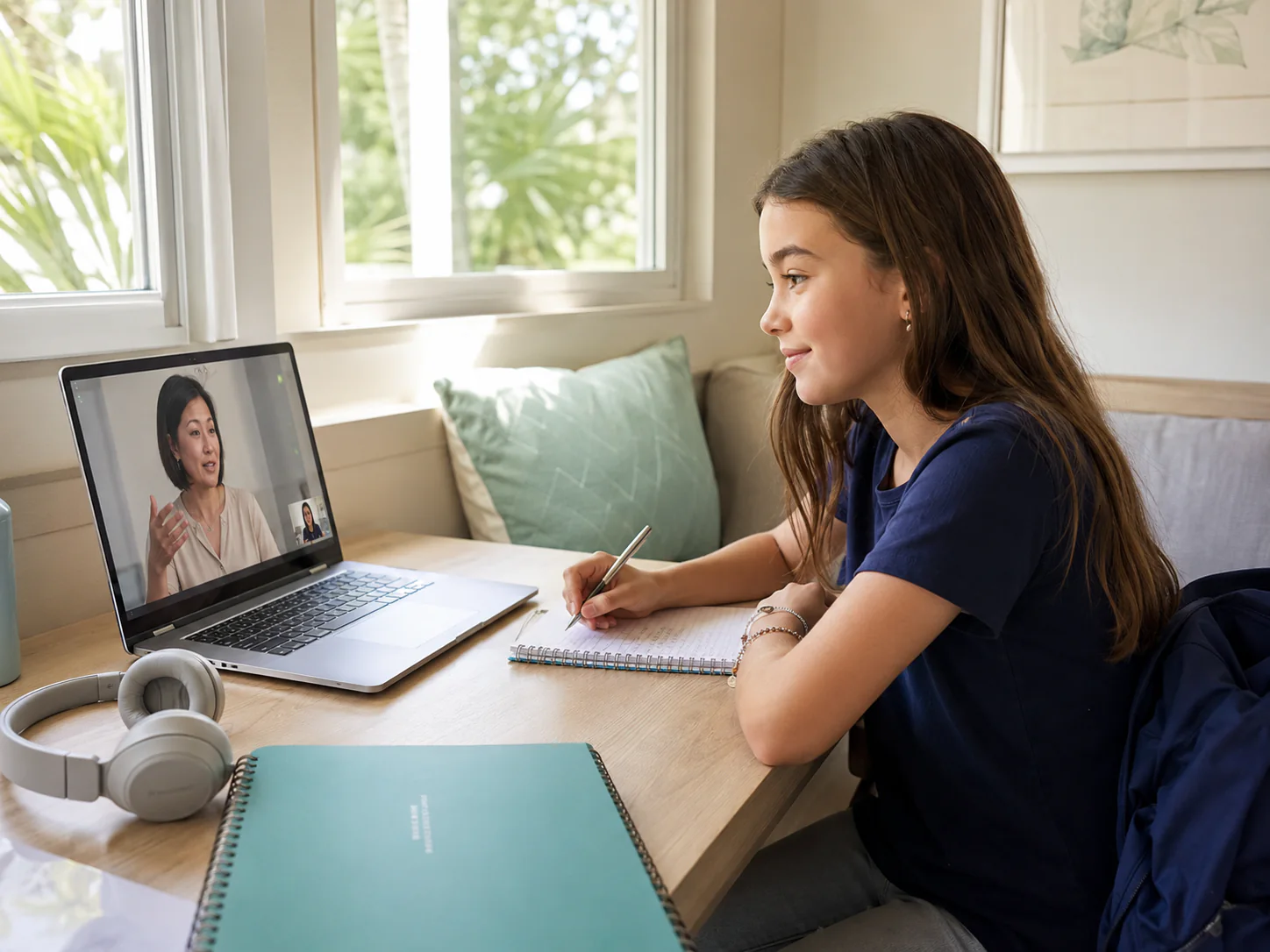Preteen participating in a simple one-to-one virtual speech therapy session at home.