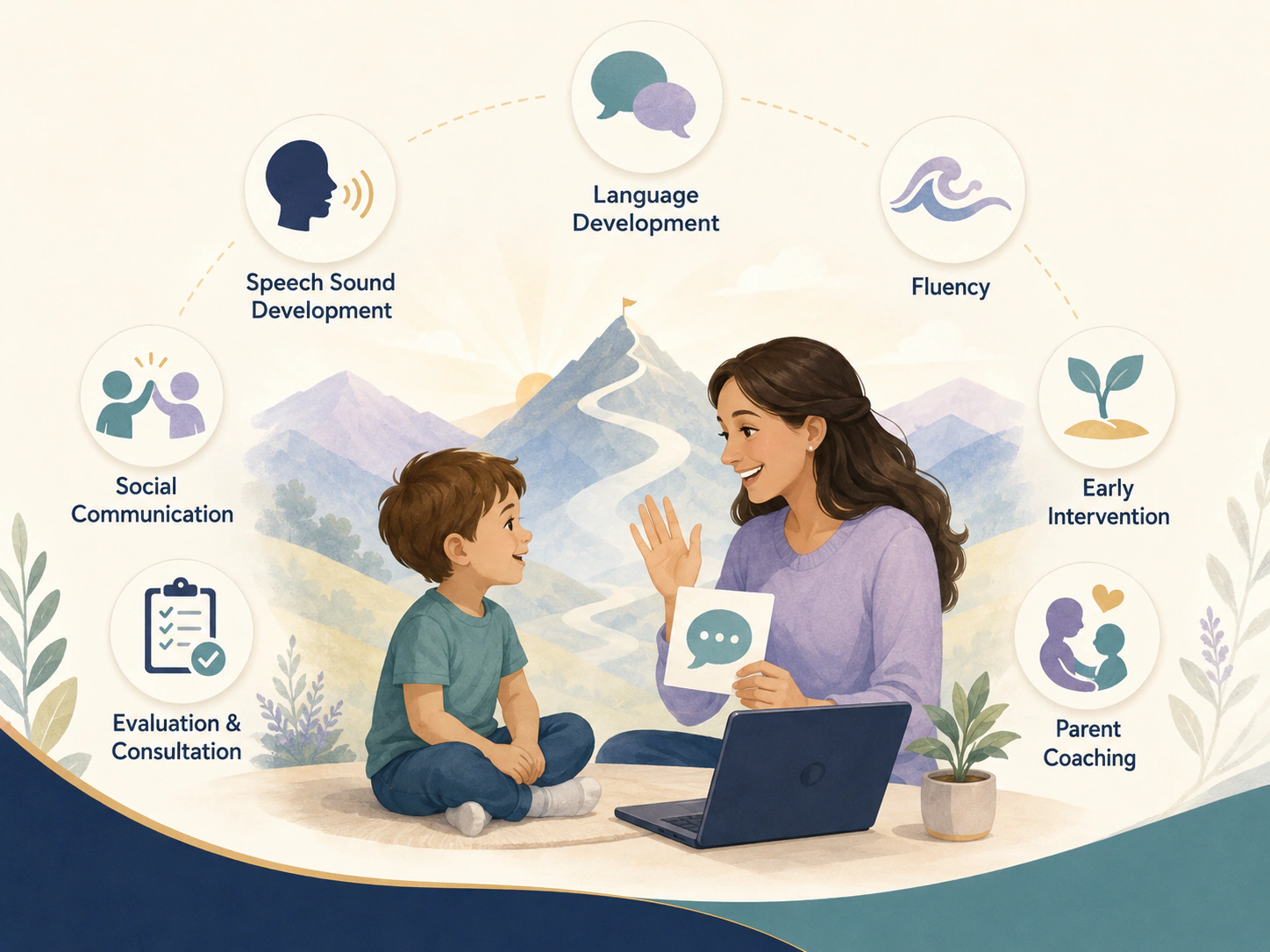 Illustration of pediatric speech therapy services surrounding a child and therapist on a path toward a mountain summit