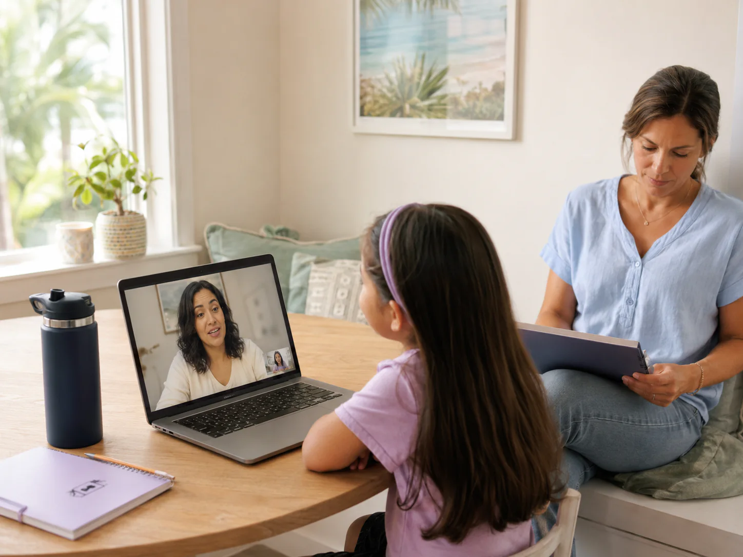 Girl attending virtual speech therapy while her parent reviews materials nearby.